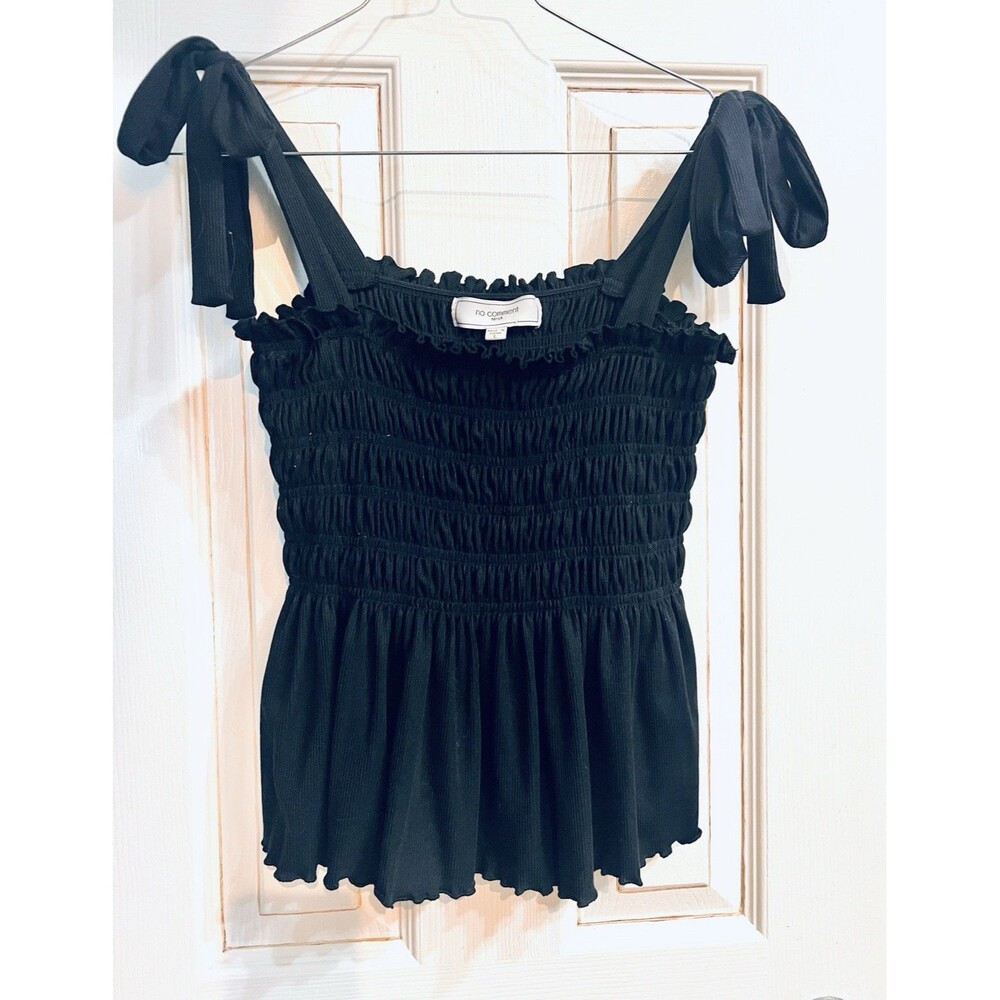 No Comment NY LA Black Smocked Tie Shoulder Peplum Tank Top Women’s L Y2K Junior